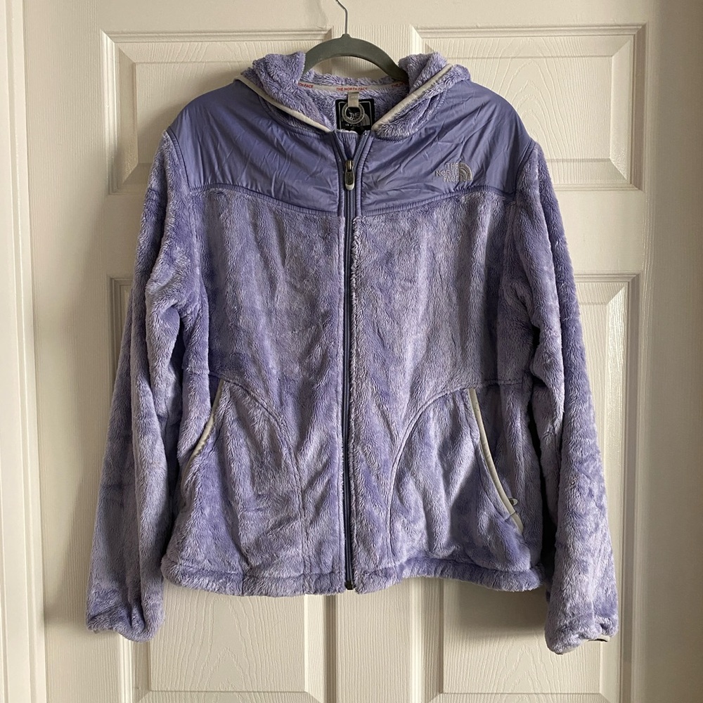 The North Face purple fuzzy fleece jacket. Women’s size x-large.